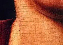 Um ein altes Gemälde vorzutäuschen, hat der Fälscher ein gitterförmiges Craquelé in die Bildschicht geritzt.