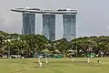 Bildvordergrund und Architektur im Hintergrund (Marina Bay Sands Hotel, Singapore)