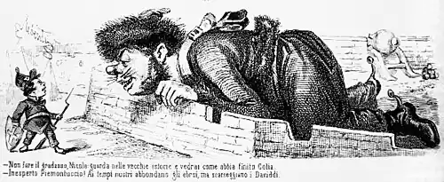 Als harmlos getarnter russischer Riese, das kleine Piemont steht vor seiner Festung. Italienische Karikatur, Francesco&nbsp;Redenti, März 1855 (Bildtext C)
