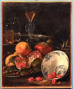 Stillleben mit Porzellanschale, Obst, Silbertabletts und Weinglas, ca. 1690–1710, Pinacoteca civica, Montefortino