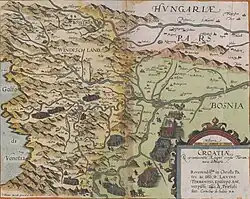 Kroatien nach einer teilweisen Eroberung des späteren Türkisch-Kroatien. Dargestellt ist Bihać (Wÿhitz) in Türkisch-Kroatien als osmanische Grenzstadt (Cornelis de Jode, 1593).