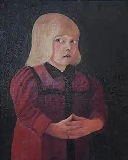 „Kind in rotem Kleid“ (ungar.: Piros ruhás gyermek), Öl auf Karton, ca. 1894, Privatsammlung