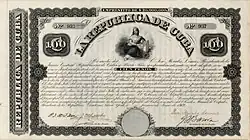 Anleihe über 100 Pesos zur Finanzierung des Aufstandes auf Kuba gegen die Kolonialmacht Spanien, ausgegeben am 1. Juni 1869 in New York von der kubanischen Exilregierung, im Original unterschrieben von José Morales Lemus als Präsident der Junta Central Republicana de Cuba y Puerto Rico