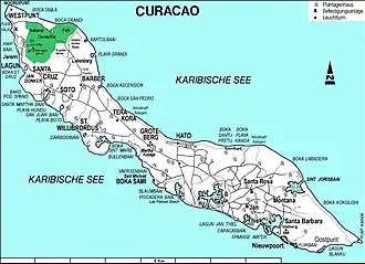 Karte Curaçaos mit dem Christoffelpark im Nordwesten (grün markiert)