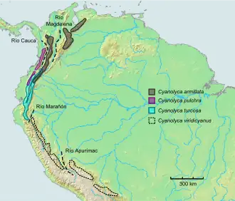 Topografische Karte Südamerikas mit eingezeichneten Verbreitungsgebieten
