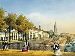 Brühlsche Galerie (Mitte) und Brühlscher Gartenpavillon (unterm Turm der Katholischen Hofkirche) um 1850