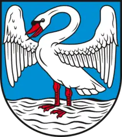 aufrecht stehend, mit ausgebreiteten Flügeln (Schwanebeck)