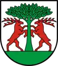 zwei aufgerichtete Hirsche umtanzen einen Laubbaum (Aalen-Fachsenfeld)