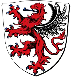 Geflügelter Löwe im Wappen von Gießen. Abweichend vom Markuslöwen ist der Gießener Löwe aufrecht mit anders tingierten Flügeln.