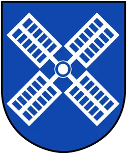 Vier schräggekreuzte silberne Windmühlenflügel (Wintersheim)