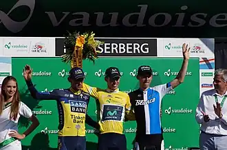 Siegerehrung der drei besten Fahrer in der Gesamtwertung (v.&nbsp;l.&nbsp;n.&nbsp;r.): Roman Kreuziger, Rui Costa und Bauke Mollema
