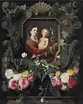 Gemeinsam mit Cornelis Schut (zugeschr.): Madonna mit Kind und dem Johannesknaben in einer Kartusche mit Rosen, signiert, ca. 1640er Jahre, Öl auf Holz, 67,4 × 54,6 cm, Privatsammlung (?)