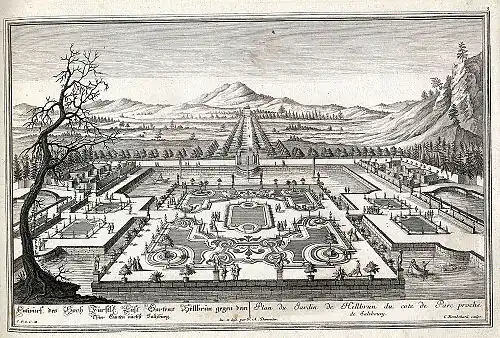 Die Garten-Prospect von Hellbrun, Danreiter, ca.&nbsp;1735 (auf Schloss Goldenstein, rechts Hellbrunner Berg)
