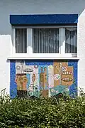 Wandmosaik (1950). Farbiges Glas, denkmalgeschützt, Flotowstraße 31, Darmstadt
