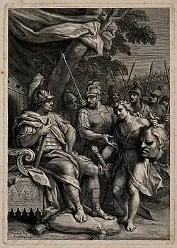 David mit Haupt Goliats vor Saul, Jean-Louis Roullet, Stich nach Joseph Parrocel, 23&nbsp;× 16,4&nbsp;cm