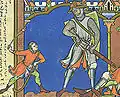David und Goliath mit gesteppten Beinkleidern, die unter der Rüstung getragen wurden. Buchmalerei aus der Maciejowski-Bibel, um 1250