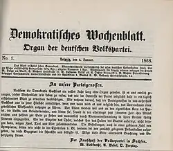 Demokratisches Wochenblatt. Nr. 1 vom 4. Januar 1868. (Kopfleiste der Zeitung)