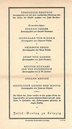 Verlagswerbung „Der Dom“ (IV 442, Vor- und Rückseite) mit einer Liste der Titel