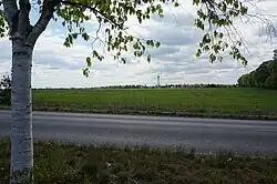 Blick nach Süden vom Ortsausgang Birkenhöhe auf den Funkturm in Birkholzaue (Bernau bei Berlin)