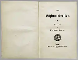 Titelblatt der Erstausgabe von Theodor Storm: Der Schimmelreiter, 1888, mit Siegel des Gebrüder Paetel-Verlags
