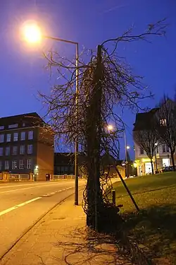Der letzte Straßenbahnmast in der Bismarckstraße zur Nacht