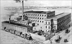 Celluloidfabrik in der heutigen Holbeinstraße, im Vordergrund die Verbindungsbahn Connewitz–Plagwitz