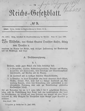 Einführung der Krankenversicherung durch das Gesetz, betreffend die Krankenversicherung der Arbeiter (RGBl. 1883, S.&nbsp;73)