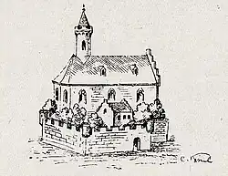 St. Theonest nach einer Zeichnung von Franz Bodmann 1802 nach einer Vorlage des 16. Jh. Das Bild zeigt eine Kirche mit Wehrmauer, wie sie bei Kirchen auf dem freien Feld üblich war, aber auch innerhalb eines Stadtgebiets möglich war.