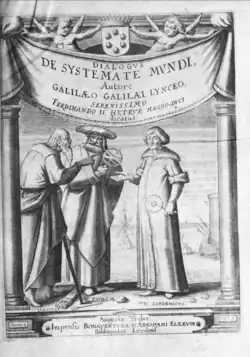 Frontispiz und Titelseite Dialogus de systemate mundi (Systema Cosmicum), lateinische Übersetzung 1635