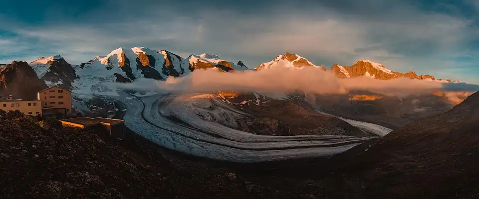 Pers- und Morteratschgletscher; Piz Trovat, Piz Cambrena, Piz Palü, Bellavista, Crast’ Agüzza, Piz Bernina, Piz Morteratsch (August 2020)