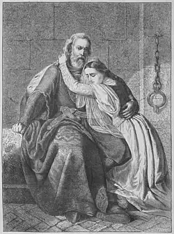 Historienmalerei „Graf Guido von Flandern mit seiner Tochter im Kerker“; Holzstich von A. Müller nach einem Ölgemälde in Die Gartenlaube von 1866