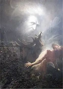 Das Gemälde „Du sollst nicht töten“, auf dem in einer traumhaften Szene ein bärtiger Mann, ein Hirsch und Gott zu sehen sind