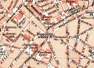 Um 1895: mit Kennzeichnung der Straßenbahnstrecken