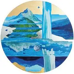 Tondo Global: Milford Sound, Neuseeland, Holz, Öl, Goldbronze, 80 cm, Durchmesser, 2020