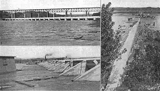 Dock Street Dam kurz vor der Fertigstellung 1915 (Oben links: Fachwerkbrücke der Philadelphia, Harrisburg and Pittsburgh Railroad hinter dem Wehr)