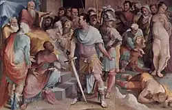 Ein Fresco von Beccafumi im Palazzo Pubblico in Siena zeigt Ahala, der dem Cincinnatus den toten Maelius präsentiert.
