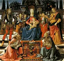 Linkes Bild: Domenico Ghirlandaio: Thronende Madonna mit Kind und Heiligen, ca. 1483 Rechtes Bild: Anatolischer „Ghirlandaio“-Teppich, spätes 17. Jh.