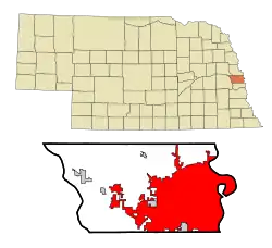 Lage von Omaha im Douglas County (unten) und in Nebraska (oben)