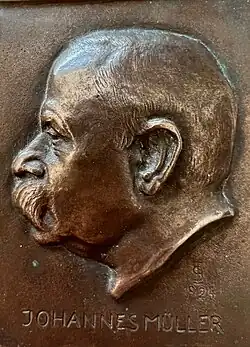 Johannes Müller, der Urgroßvater. Bronzerelief von Irene Sattler
