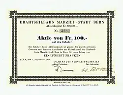Aktie über 100 Franken der Drahtseilbahn Marzili-Stadt Bern vom 1. September 1939