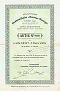 Aktie über 100 Franken der Aktiengesellschaft Drahtseilbahn "Muottas-Muraigl" bei Samaden vom 13. März 1919
