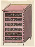 Kommode mit sechs Schubladen in Kavalierperspektive. Ca. 1805.