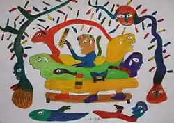 Figürliche Sänfte gezeichnet vom ghanaischen Sänften- und Sargbauer Ataa Oko (2010)