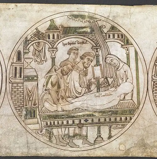 Becel und Pega bereiten den Leichnam Guthlacs für sein Begräbnis