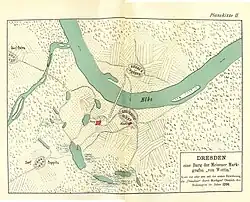Dresden mit Elbbrücke, wie sich der Verfasser 1893 irrigerweise die Situation um 1206 vorstellte.[4]