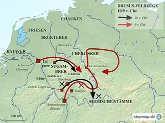 Landkarte der Drususfeldzüge in den Jahren 10 und 9&nbsp;v.&nbsp;Chr.