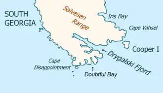 Lage von Cooper Island (rechts) vor der Südostküste Südgeorgiens. Der Cooper Sound verläuft zwischen beiden Inseln.