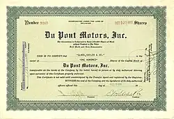Aktie der Du Pont Motors, ausgestellt am 9. August 1928, im Original unterschrieben von Eleuthère Paul du Pont als Präsident und von Francis Irénée du Pont als Schatzmeister