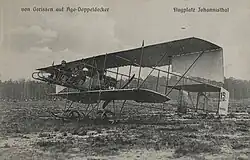 Ellery von Gorrissen auf AGO Doppeldecker (Otto Nr. 33) mit der Startnummer 19 auf der Frühjahrsflugwoche in Johannisthal (1912)