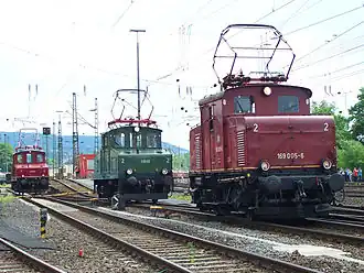 Die Lokomotiven E 69 03, 02 und 05 bei einer Fahrzeugparade des DB-Museums in Koblenz-Lützel, Juni 2012